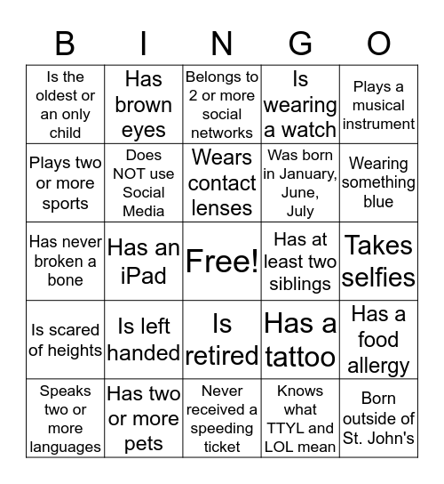 Get To Know One Another Bingo Card