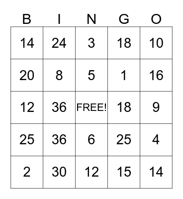 Multiplication BINGO Card