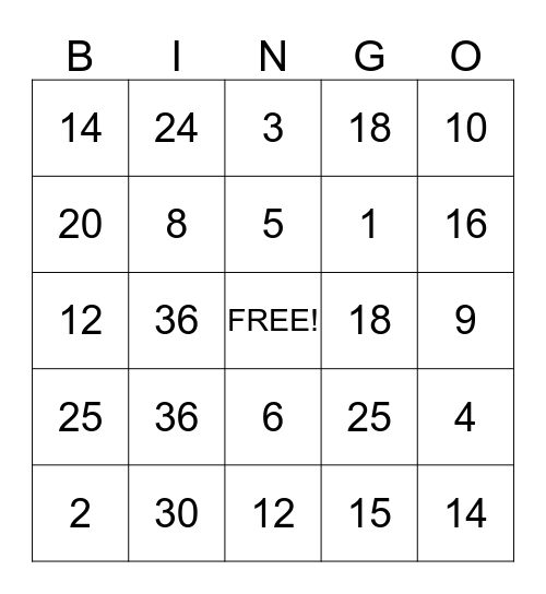 Multiplication BINGO Card
