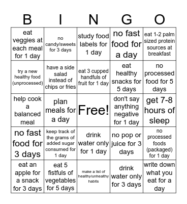 Healthy Habits Bingo Card