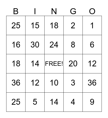 Multiplication BINGO Card