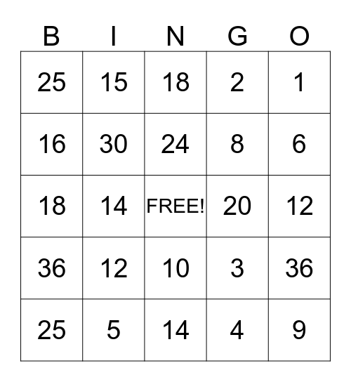 Multiplication BINGO Card