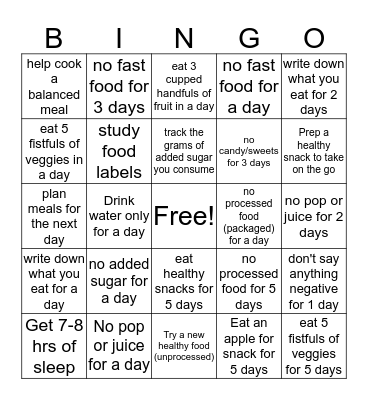 Healthy Habits Bingo Card