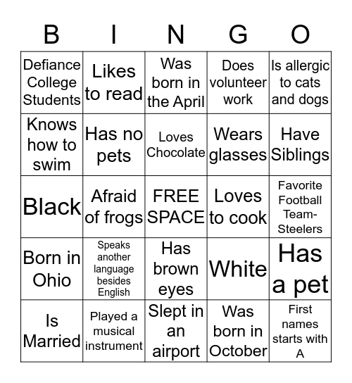 Getting to Know Us Bingo Card