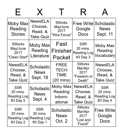 READING CHOICE BOARD Bingo Card