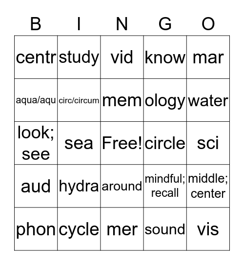 ELA 6 Greek/Latin Units 1 & 2 Bingo Card