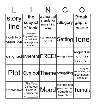 English II Vocabulary Fun Bingo Card