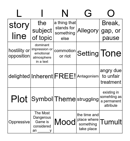 English II Vocabulary Fun Bingo Card