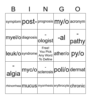 Medical Terminology Bingo Card