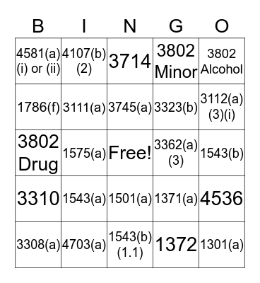 Traffic Stop Bingo Card