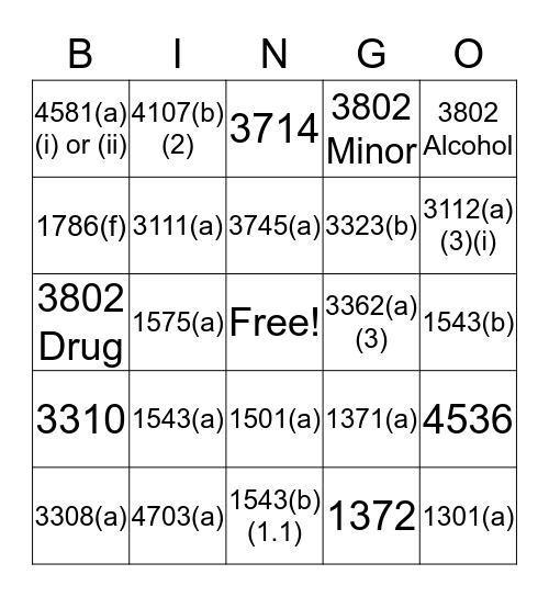 Traffic Stop Bingo Card