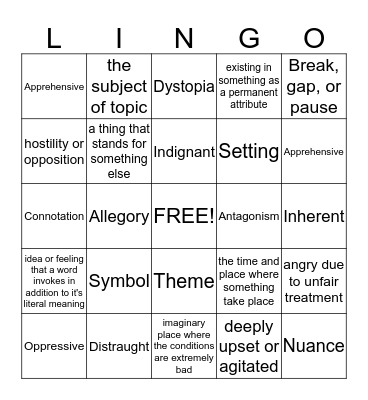 English IV Vocabulary Fun Bingo Card