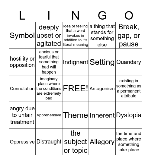 English IV Vocabulary Fun Bingo Card