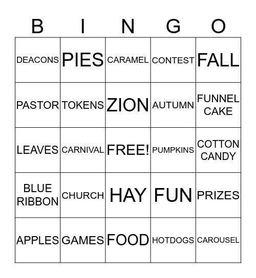 ZION CHRISTIAN CHURCH FALL FESTIVAL Bingo Card