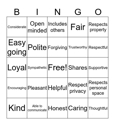 Friendship Bingo Card