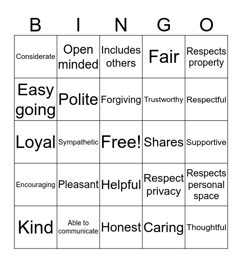 Friendship Bingo Card