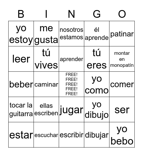 Spanish 1: Verbos! Bingo Card