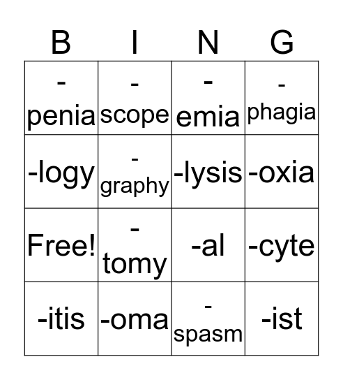 suffixes Bingo Card