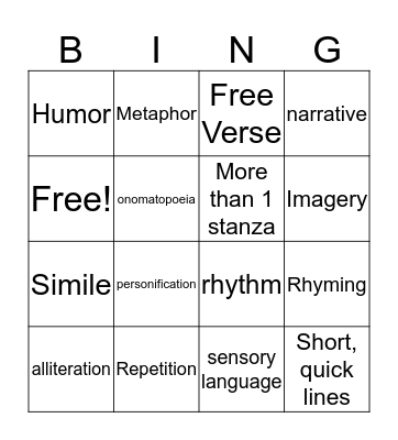 Poetry BING Bingo Card