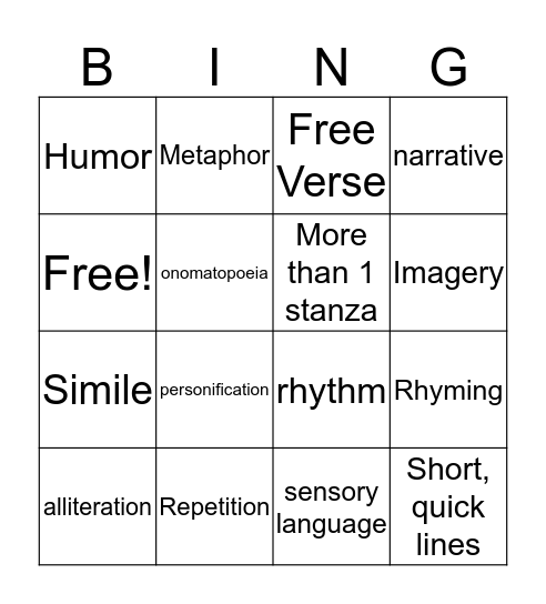 Poetry BING Bingo Card