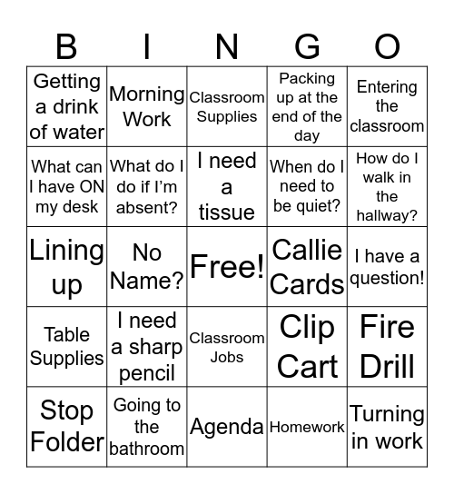 Classroom Expectations Bingo Card