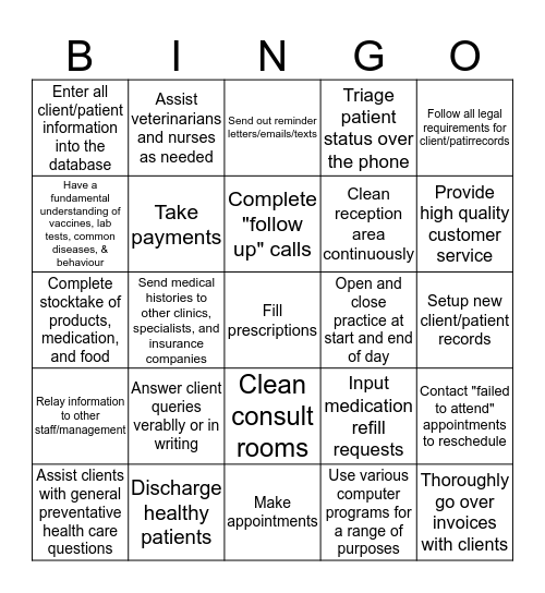 Veterinary Reception Duties Bingo Card