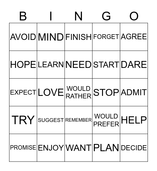 VERB & VERB 1 Bingo Card