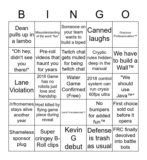 FRC Kickoff Bingo Card