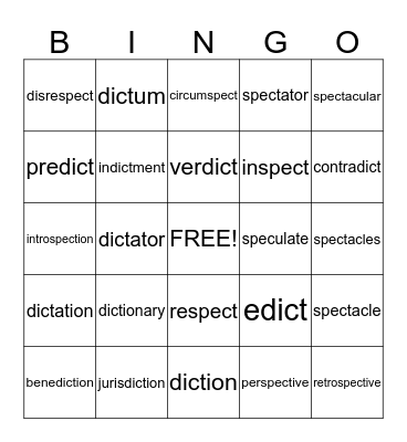dict and spec Root Words Bingo Card