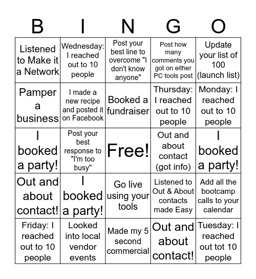 Booking Bootcamp Bingo Card