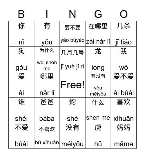 question words with pinyin Bingo Card
