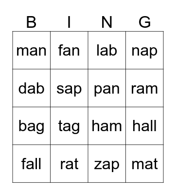 Short "a" word families Bingo Card