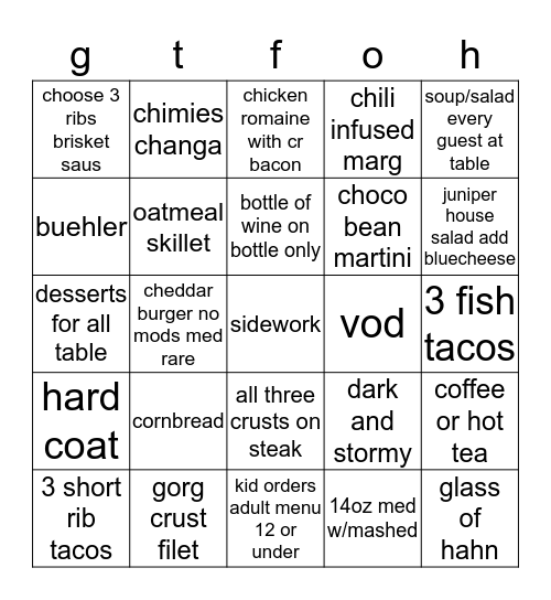 juniper grill bingo Card