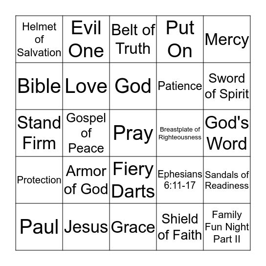 Armor Of God Bingo Card