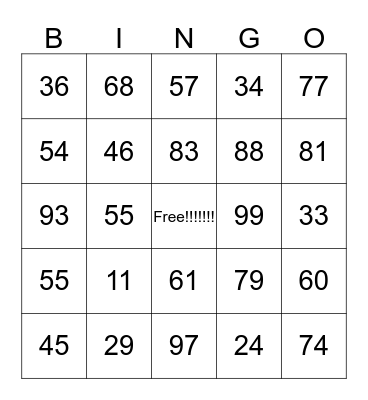 Number BINGO Card