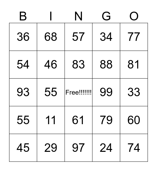 Number BINGO Card
