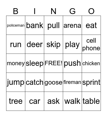 Nouns and Verbs Bingo Card