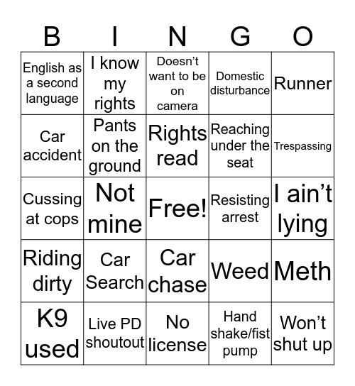 LivePD Bingo Card