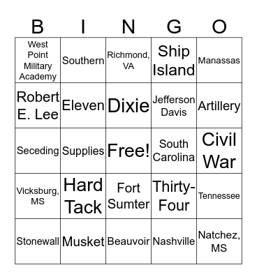 War Between the States Bingo Card