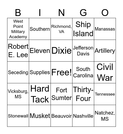 War Between the States Bingo Card