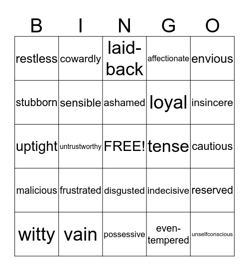 Adjectives (people) Bingo Card