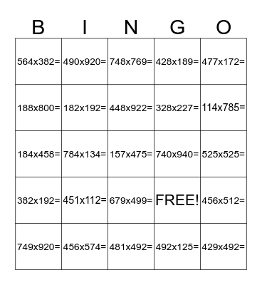 multiplication Bingo Card