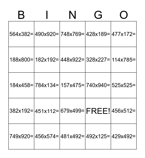 multiplication Bingo Card