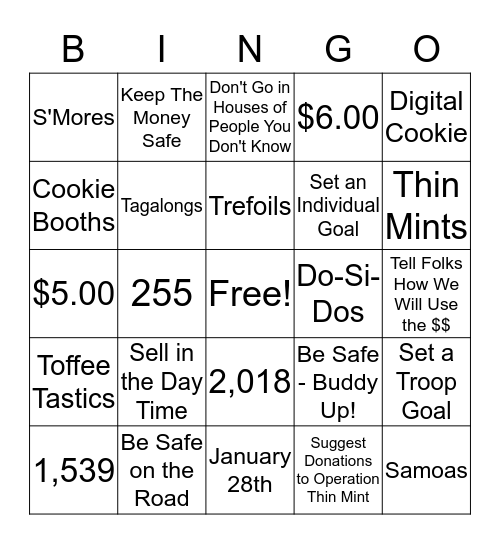 Girl Scouts Cookie Bingo Card