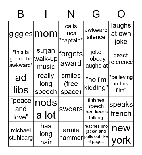 Timothée Chalamet Speech Bingo Card