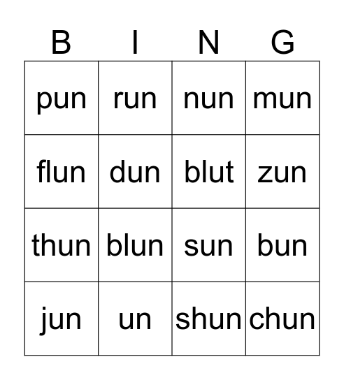Words with "ut Bingo Card