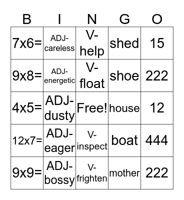 Math and Language Bingo Card