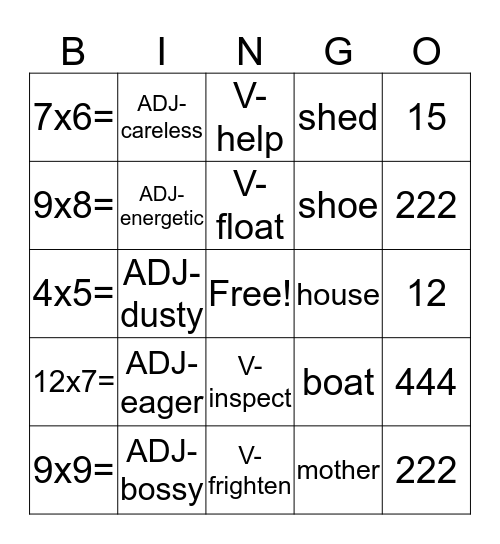 Math and Language Bingo Card