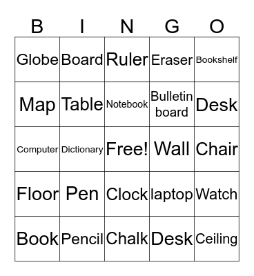 Classroom Items Bingo Card