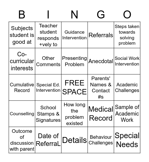 REFERRAL Bingo Card